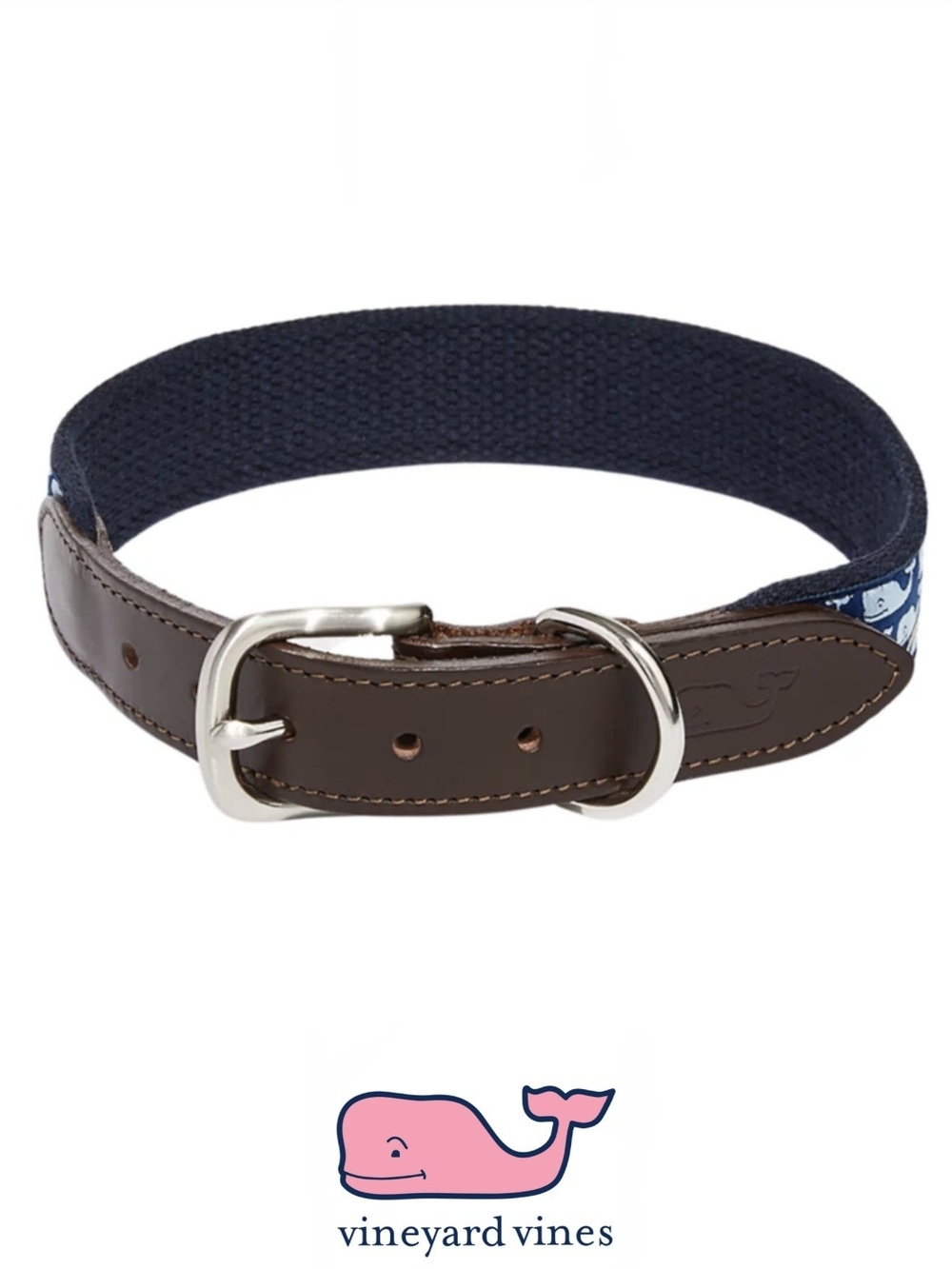 NWT Vineyard Vines Navy & Brown Dog's Small Leather-Trim & Chrome Belted Collar